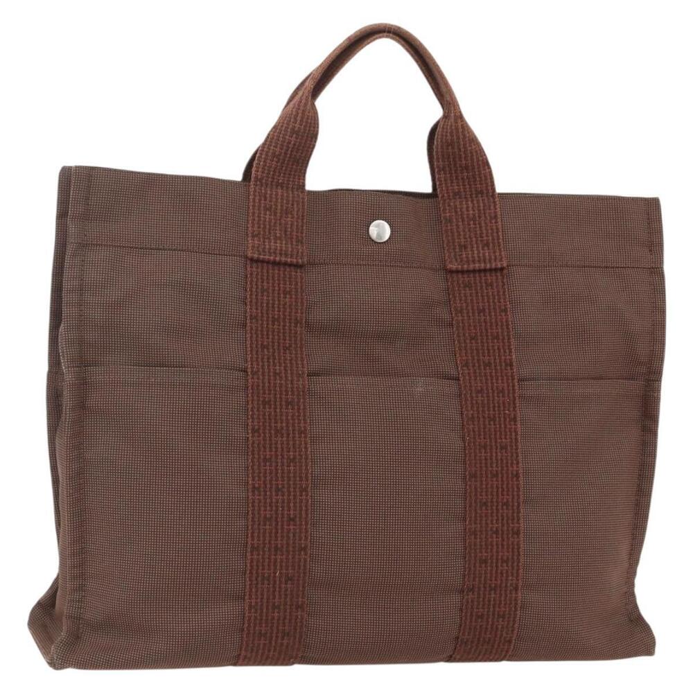 HERMES Her LineMM Hand Bag Canvas Brown Silver Auth 157068